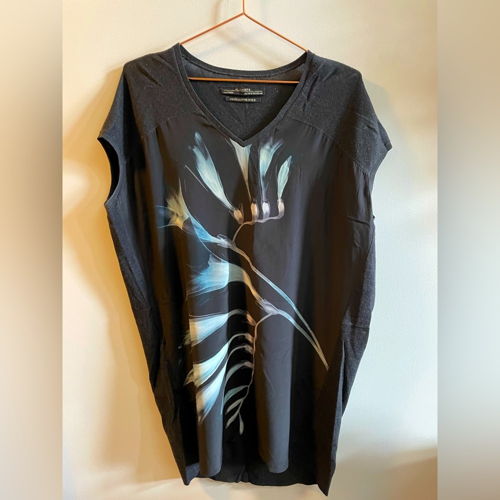 All Saints cotton knit Tunic with digitally printed silk front
